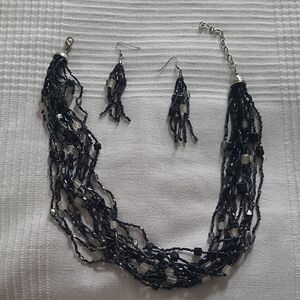 Elegant Black Beaded Necklace and Earring Set